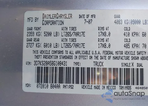 2008 Dodge Ram 2500 Slt/Power Wagon z USA, uszkodzony, nr VIN 3D7KS28A58G108431